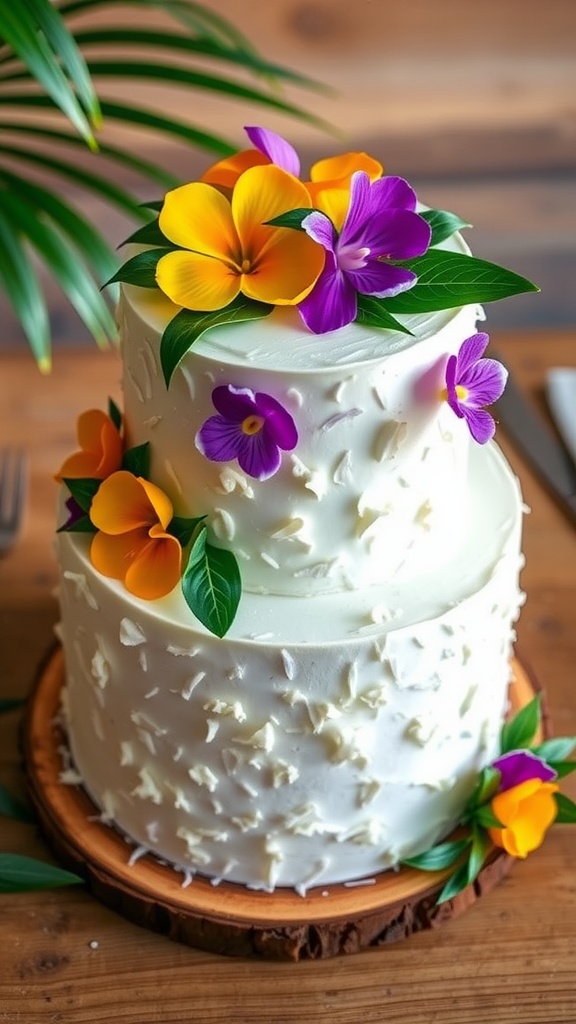Coconut Passionfruit Vanilla Bean Wedding Cake A two-layer wedding cake with coconut cake, passionfruit filling, and vanilla bean frosting, decorated with tropical fruits and flowers.